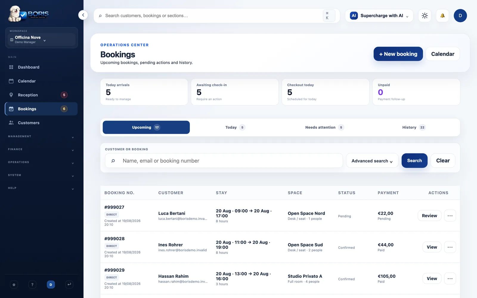 The Boris bookings list, showing each reservation with its space, booking mode, people count and payment status