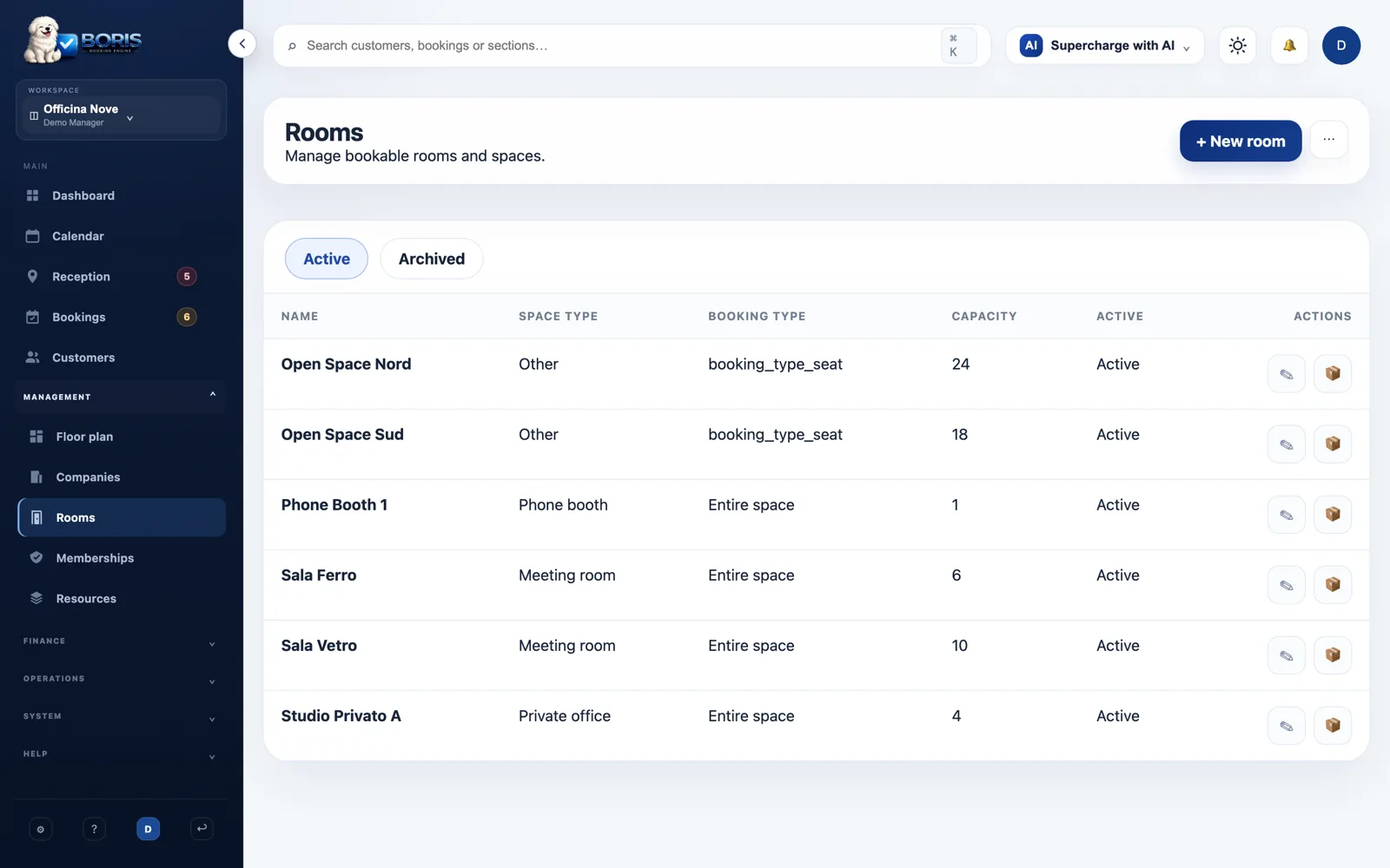 The Boris resources list, showing meeting rooms, phone booths, open-space areas and private offices with their booking type and capacity