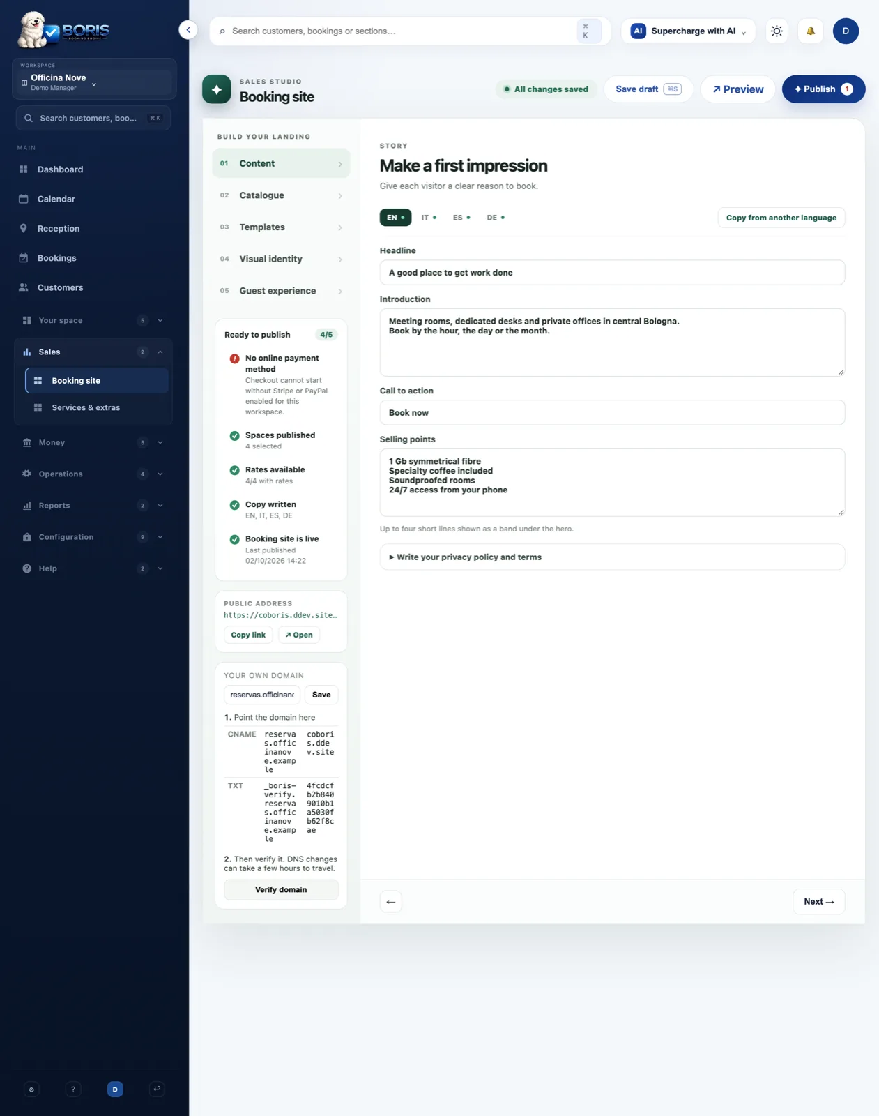 Booking site editor with the content step open