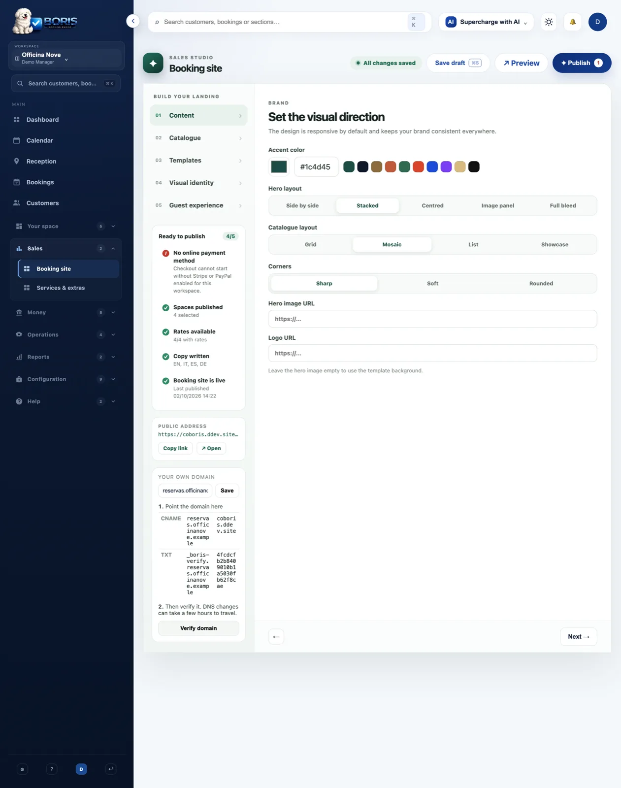 Visual identity step with the colour picker and hero options